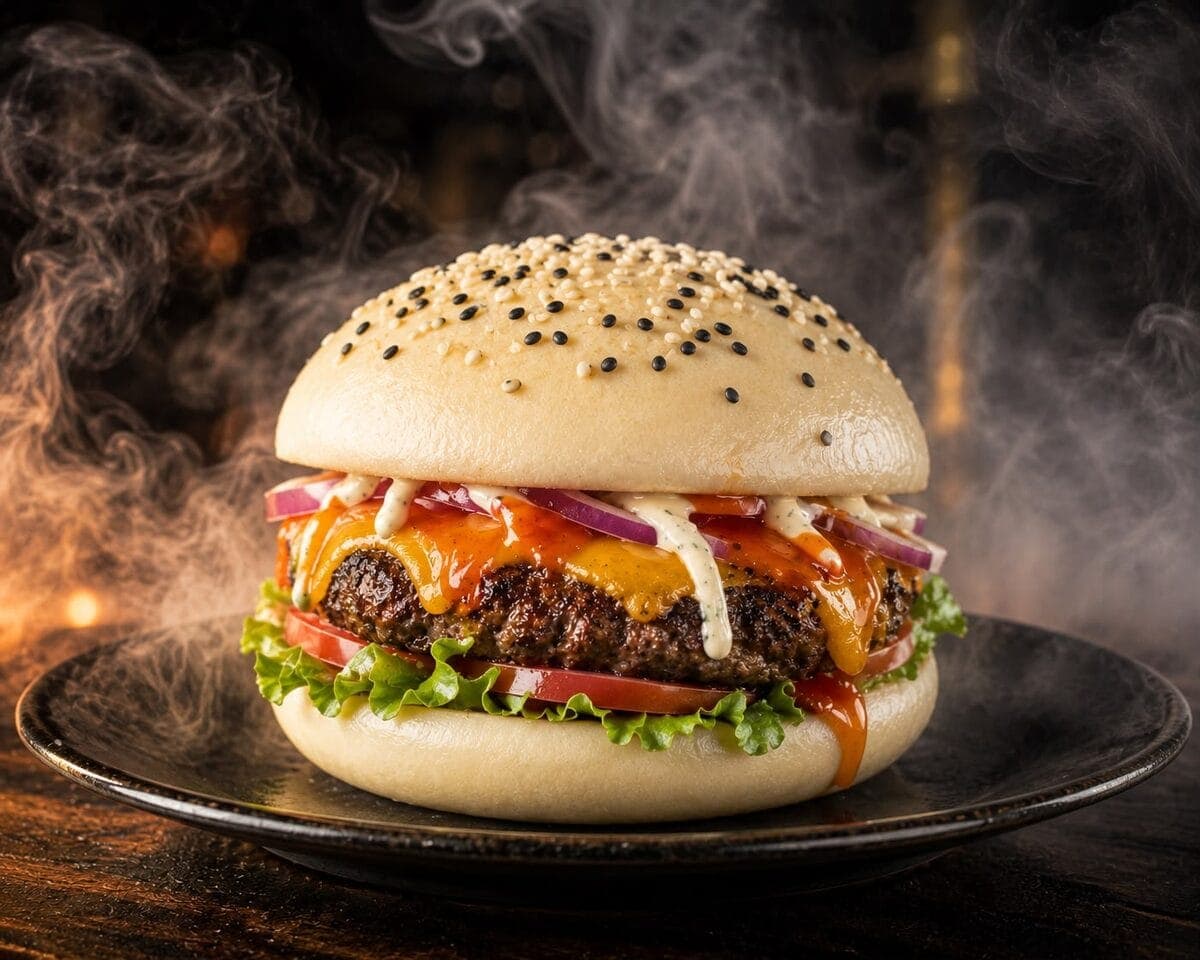 Bao burger au bœuf : pain vapeur au sésame, steak grillé et cheddar fondu